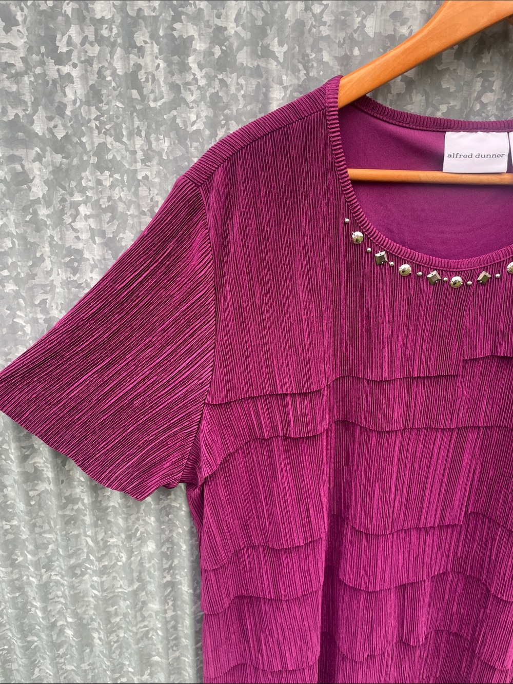 Alfred Dunner Plum Layered Short-Sleeve Blouse with embellishments at neckline